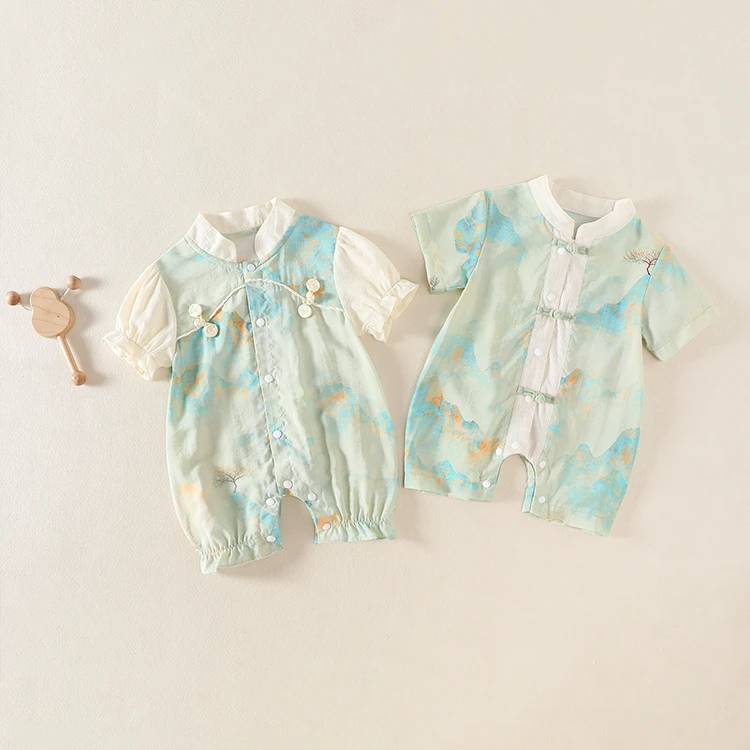 新中式婴儿连体衣夏季短袖哈衣男女宝宝中国风衣服新生儿复古唐装