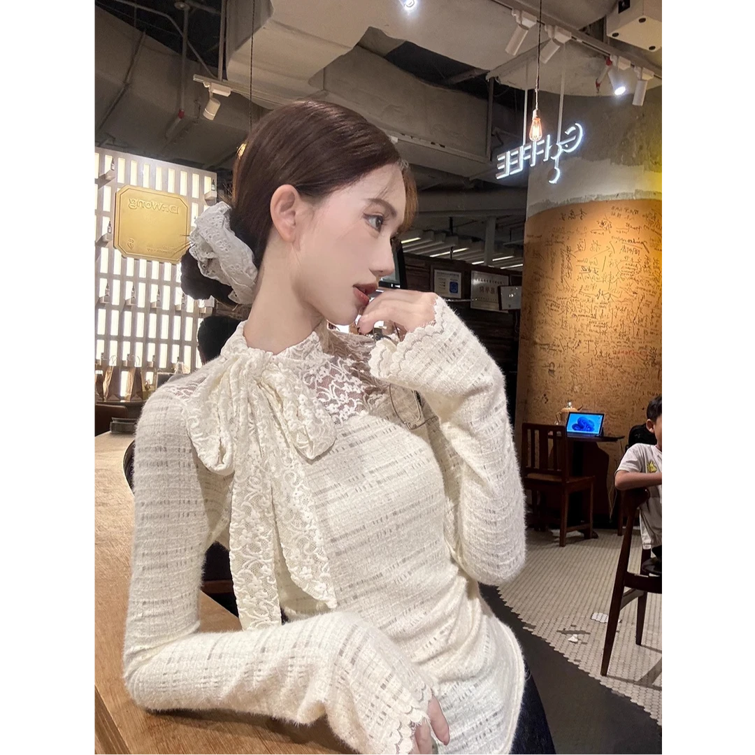 白色蕾丝蝴蝶结T恤女装早秋chic设计感打底衫小香风内搭短款上衣