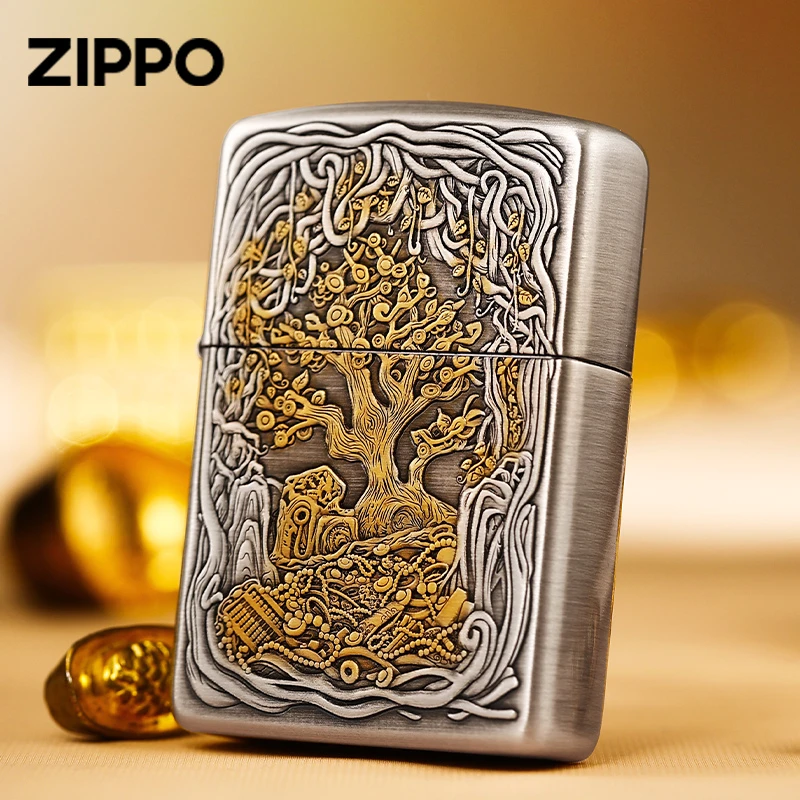 ZIPPO正品打火机熏银盔甲鎏金发财树防风男士立体原装DY9910JY
