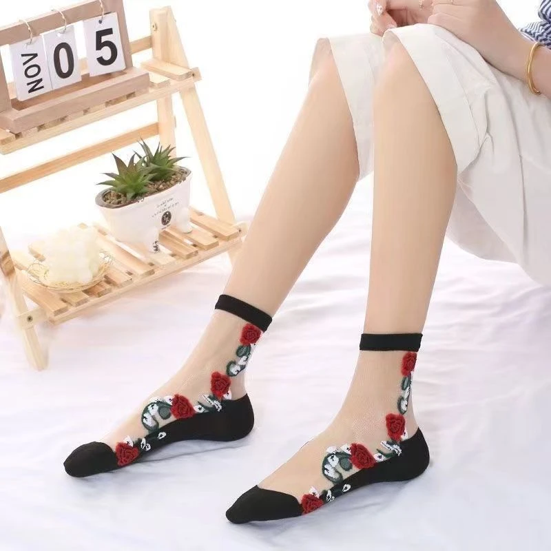 夏季薄款女士中筒蕾丝透明玻璃丝袜防滑丝袜透气水晶玫瑰花卡丝袜