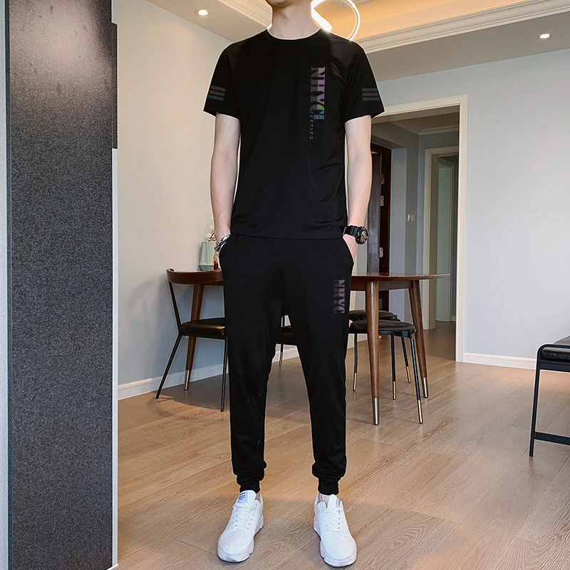休闲运动套装男夏季潮流帅气T恤透气薄款两件套宽松冰丝圆领男装