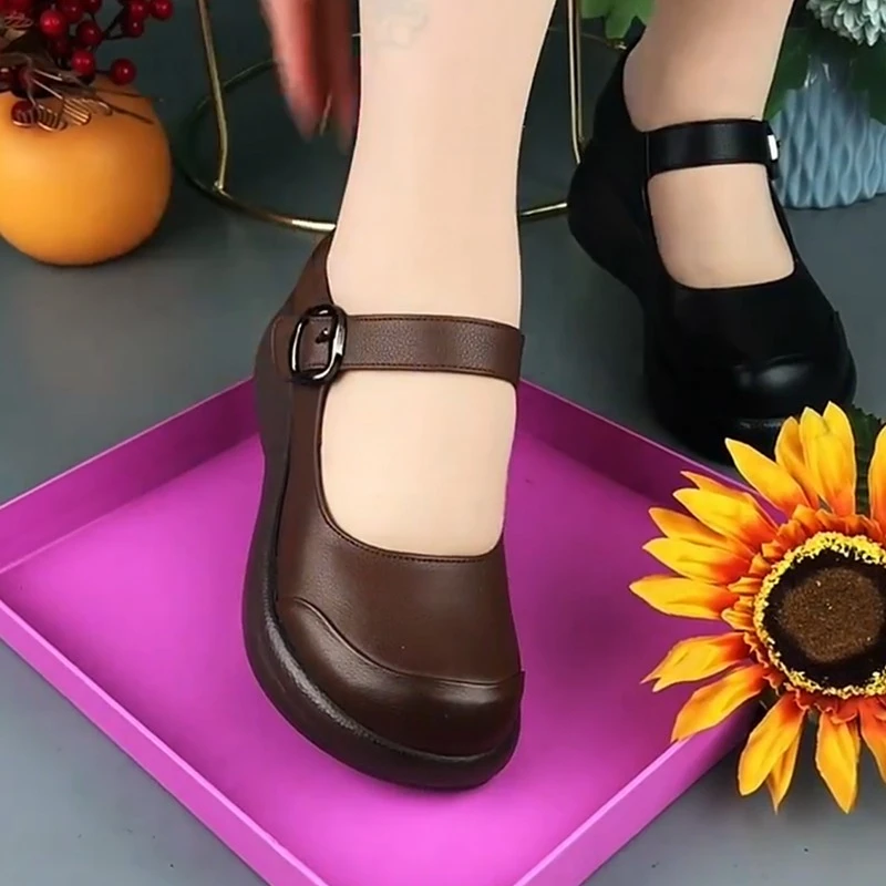 品牌断码2023年春夏新款复古休闲皮鞋松糕厚底女鞋浅口单鞋妈妈鞋