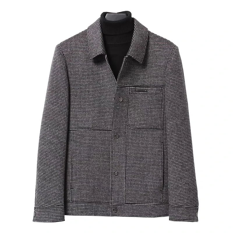 男士新款千鸟格双面呢短款羊毛大衣春秋冬翻领加厚外套hyn-8617