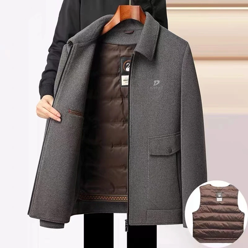 两件套 鹅绒内胆加厚男秋冬修身气质羊毛大衣翻领夹克外套