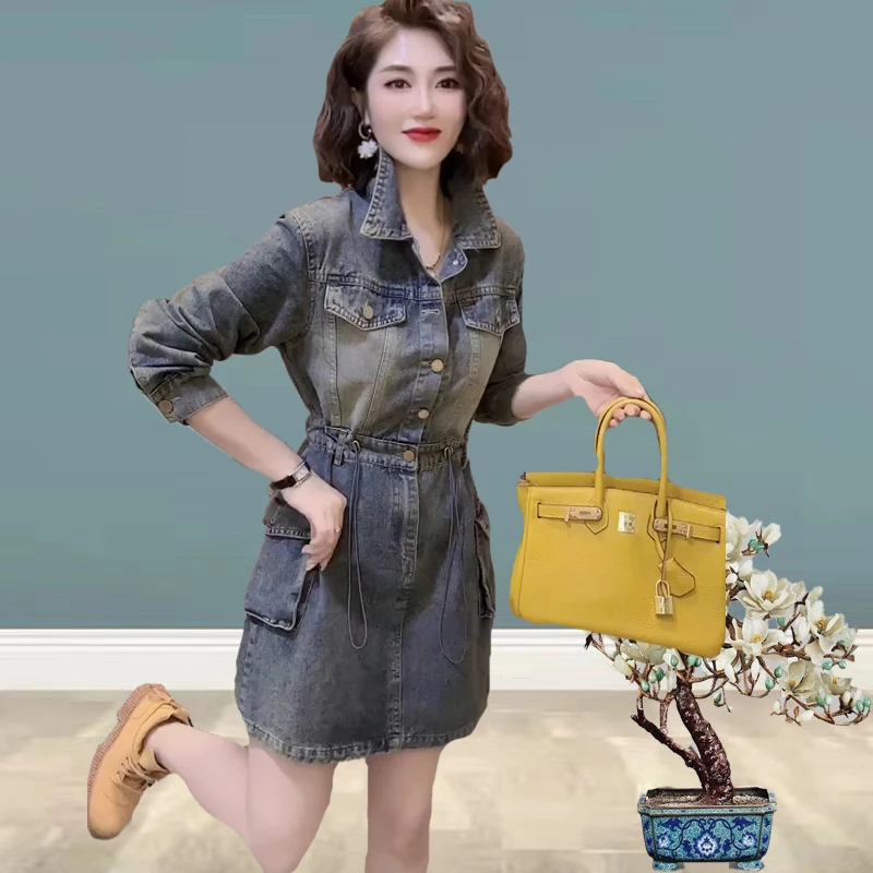 555223洋气韩版百搭时尚牛仔减龄收腰2025春季新款休闲女装连衣裙