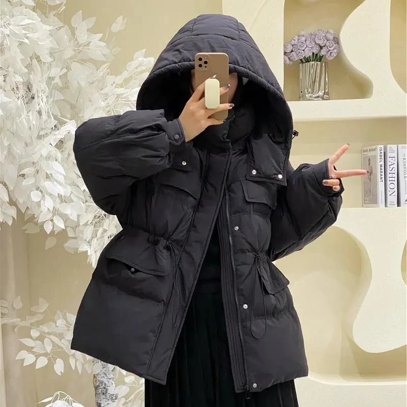 国潮羽绒服新款2023新款韩系芋泥紫收腰羽绒服女中长款冬装白鸭