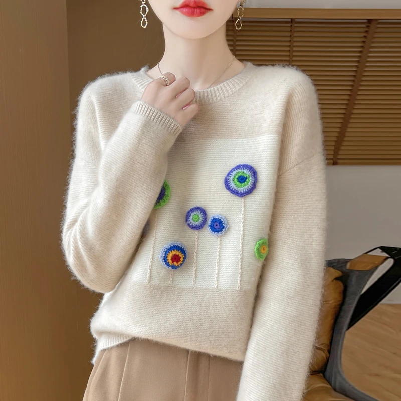 温暖小甜妹！秋冬加厚100纯羊毛衫女圆领拼色绣花毛衣针织打底衫