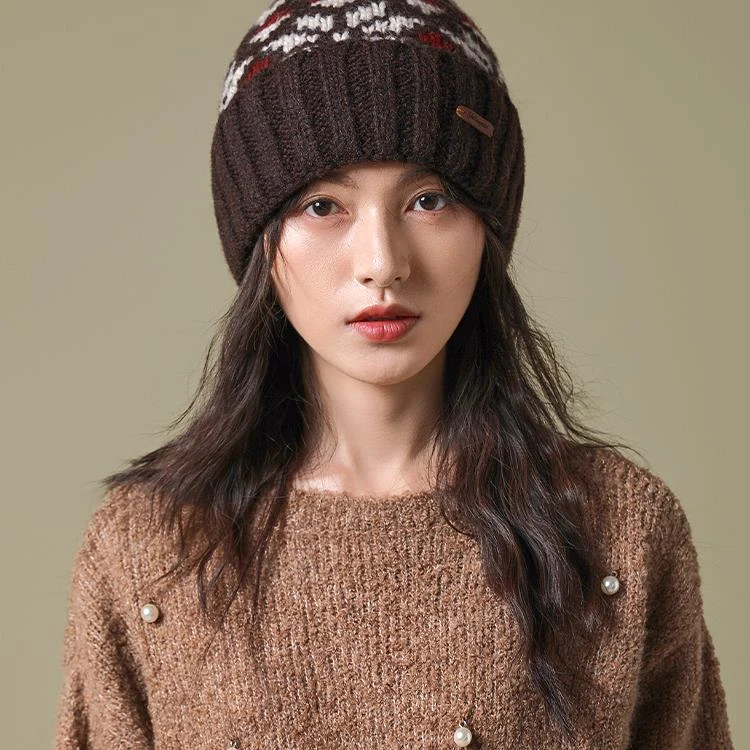 MISMEMO费尔岛毛线帽女秋冬2024新款羊毛针织帽护耳保暖套头冷帽