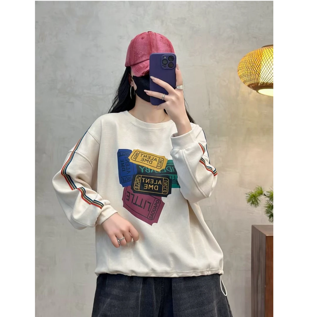 秋季新款圆领百搭长袖宽松休闲ins女士卫衣印花设计感显瘦上衣