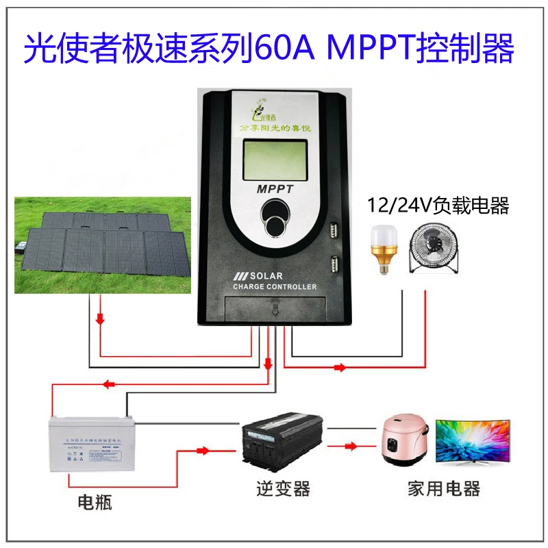 太阳能光伏板12V24V 60A mppt智能充放电控制器铁锂电池充电设备