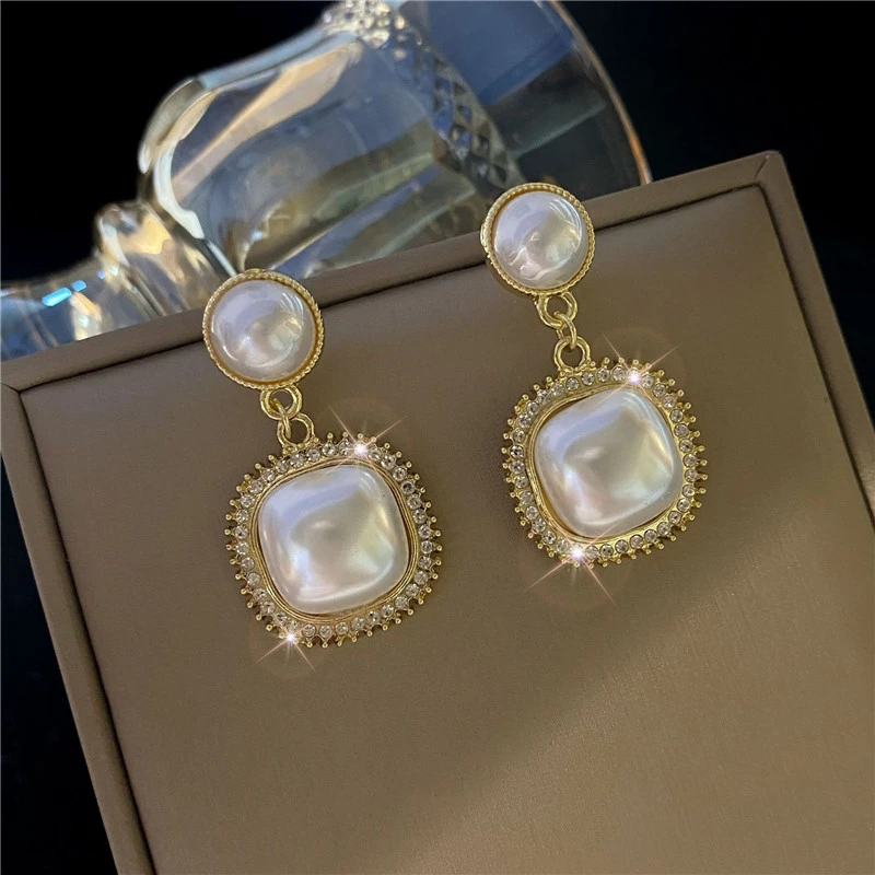 合金耳饰 法式名媛耳钉潮欧美气质优雅时尚长款贝珠大耳环女夸张