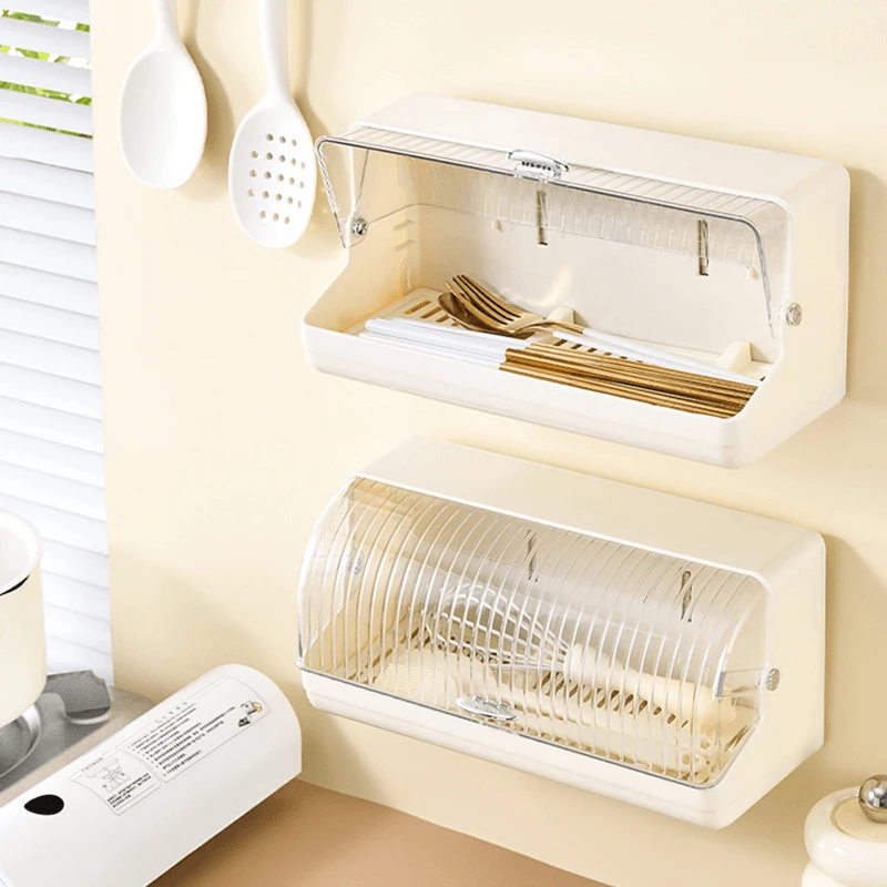 【哈乐熊】奶油壁挂筷子收纳盒免打孔家用带盖防尘沥水架厨房碗筷