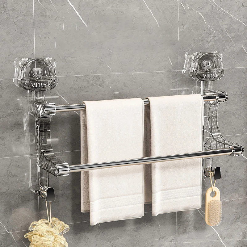 【哈乐熊】小熊吸盘双层毛巾杆家用卫生间壁挂式免打孔浴巾置物架