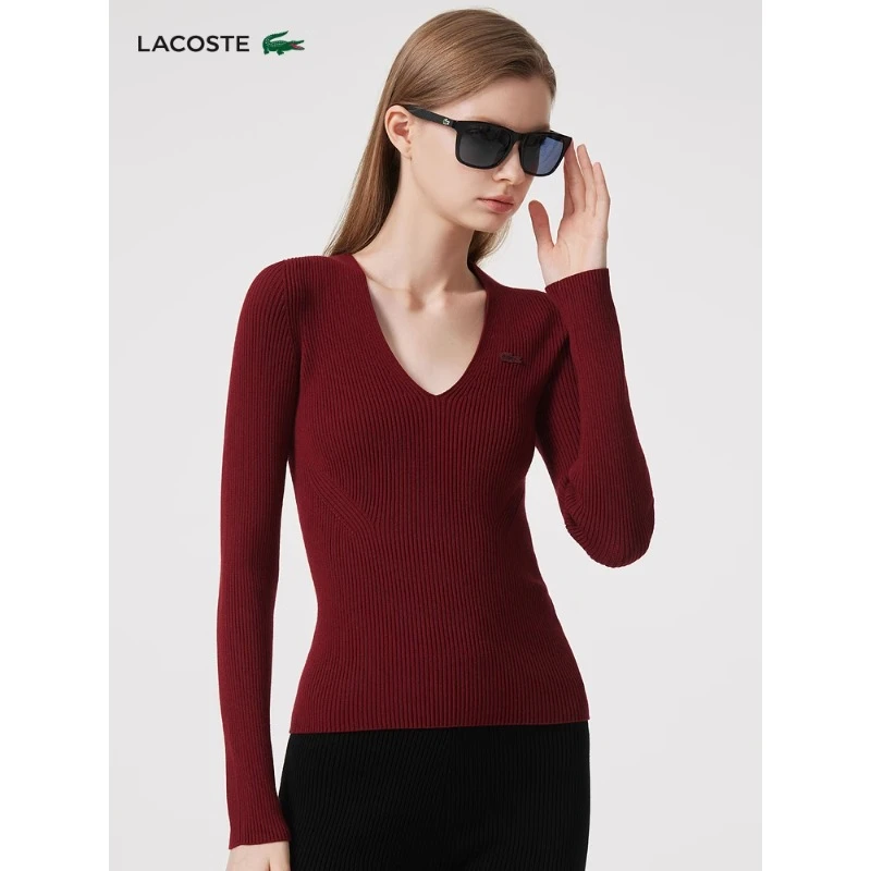 LACOSTE法国鳄鱼女装秋冬时尚纯色舒适修身V领针织衫毛衣|AF0625