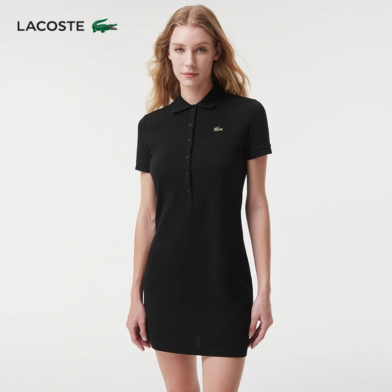 LACOSTE法国鳄鱼女装秋季纯色简约短袖POLO黑色连衣裙|EF0653