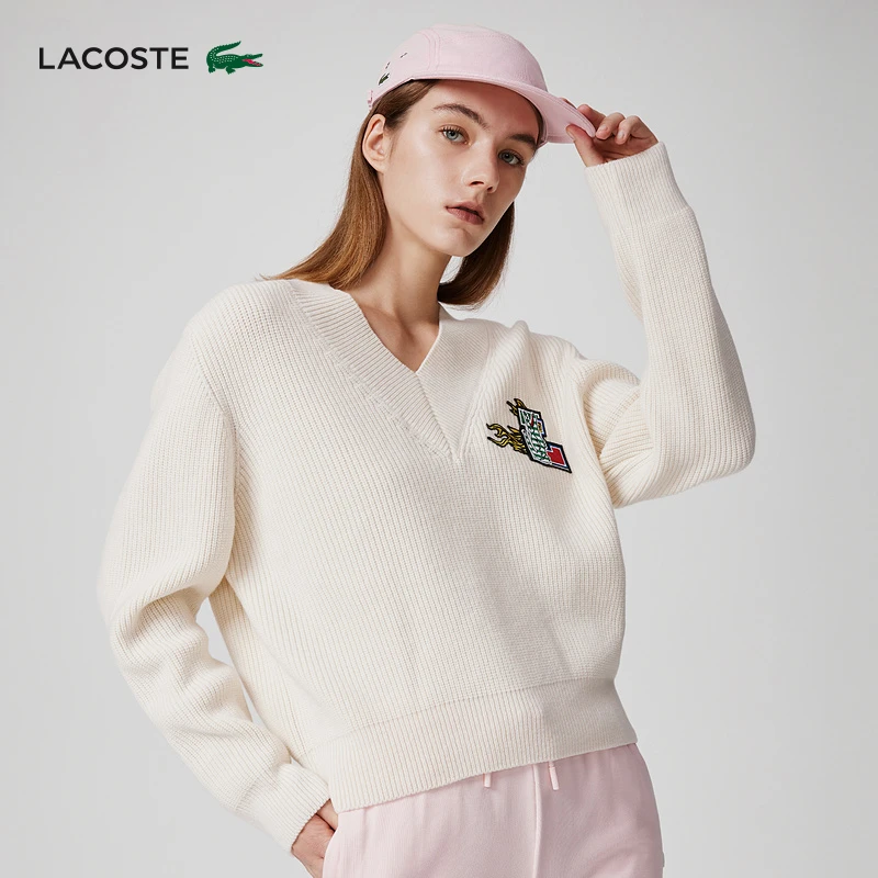 LACOSTE法国鳄鱼女装Holiday系列纯色V领时尚羊毛衫针织衫|AF9557