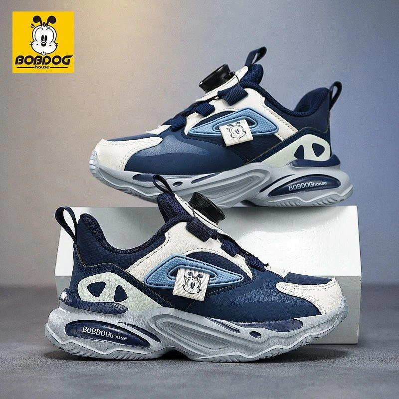 巴布豆家族儿童运动鞋2025春季新款中大童旋转扣跑步鞋防水皮面鞋