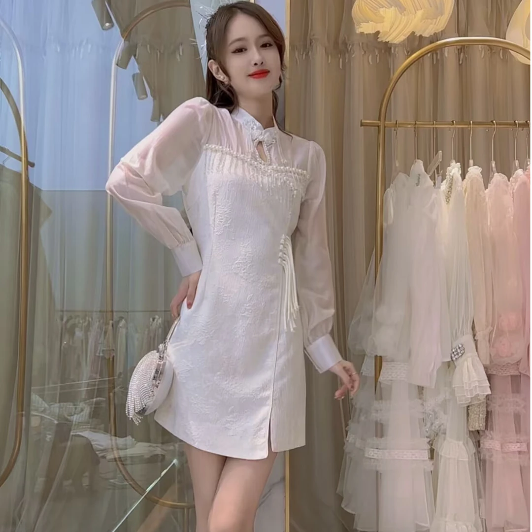 艾日秀春季新款新中式重工钉珠流苏链立领盘扣气质连衣裙 E4729