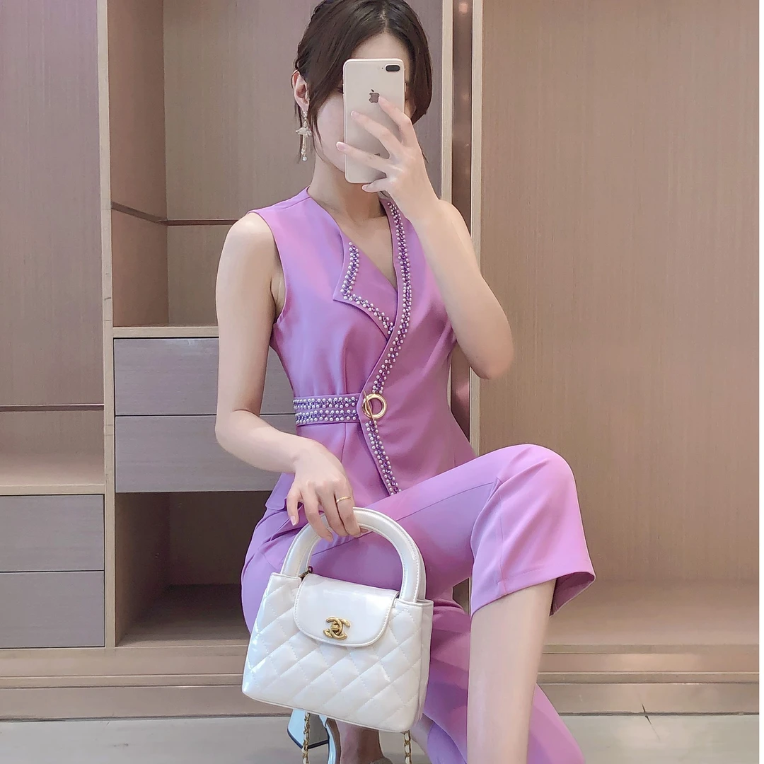 艾日秀●气质无袖钉珠西装领收腰显瘦上衣休闲高腰长裤套装 S9947