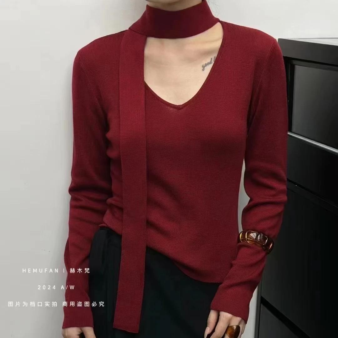 红色飘带围脖V领长袖针织衫女2024秋季新款修身显瘦气质打底上衣
