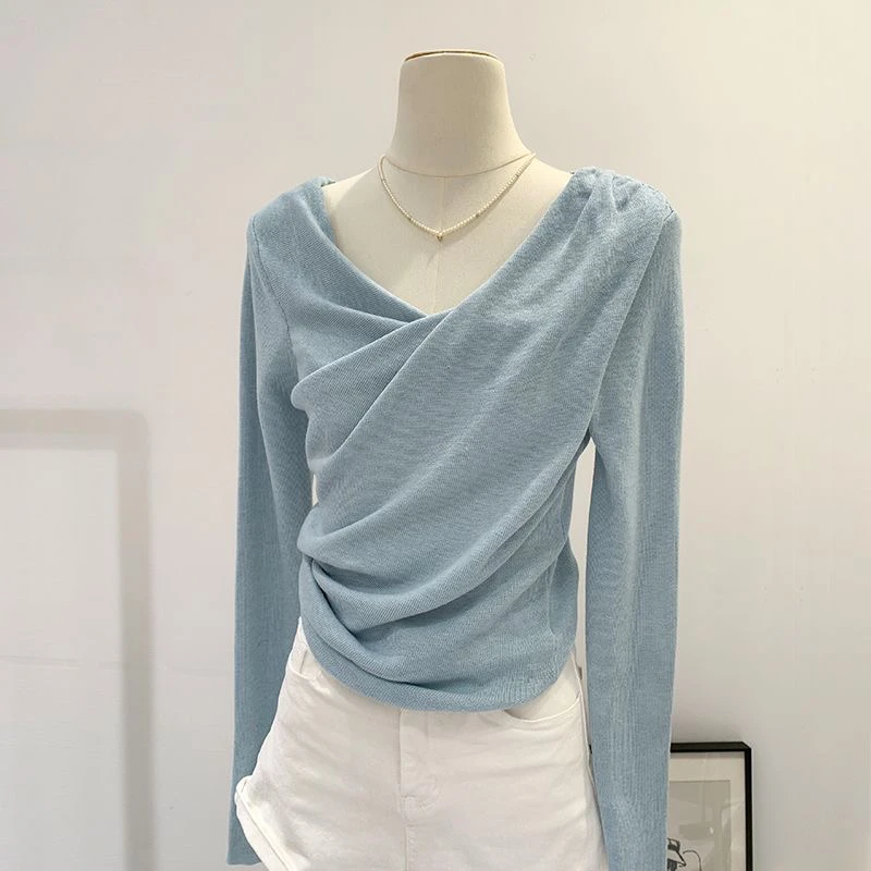 法式别致荡领扭褶斜领显瘦长袖针织衫女初秋温柔风韩系设计感上衣