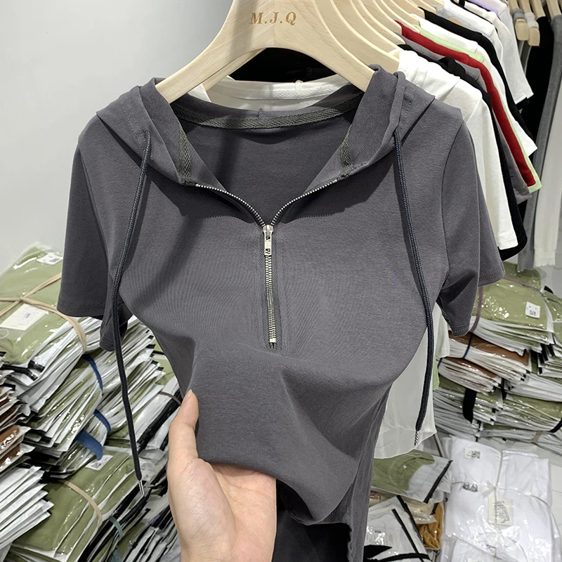 欧货微胖半开领连帽短袖t恤女夏季新款纯色体恤百搭卫衣大码上衣