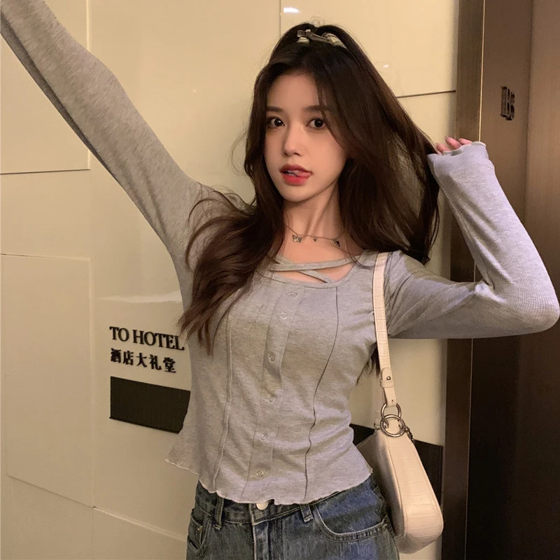 秋季新款韩版设计感小众露锁骨长袖t恤女百搭胖妹妹上衣打底衫潮