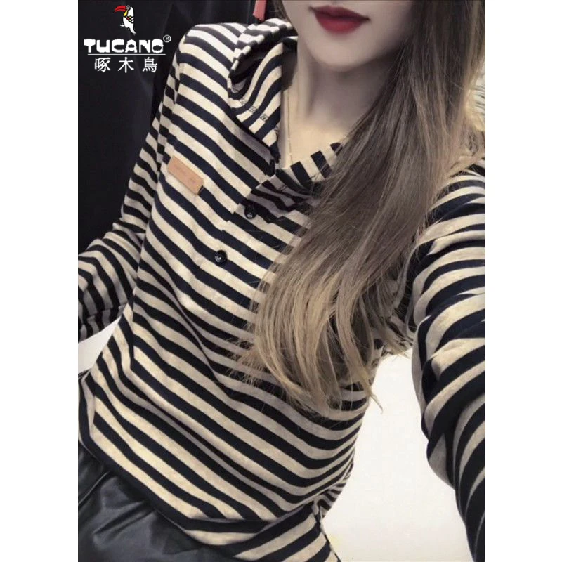 啄木鸟棉长袖连帽T恤女春秋新款百搭休闲显瘦条纹打底衫上衣外套