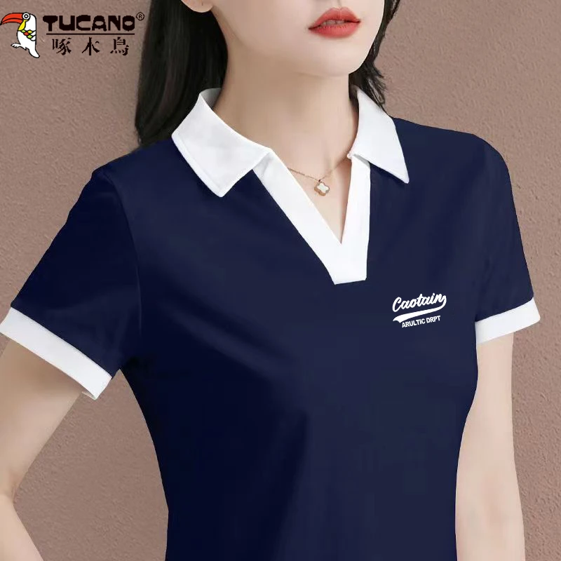 啄木鸟正品短袖polo领T恤女2024新款洋气上衣大码休闲减龄妈妈装