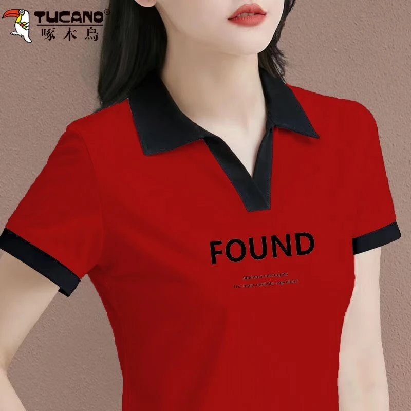 啄木鸟大码女士T恤短袖翻领polo衫中年夏妈妈装显瘦百搭印花上衣