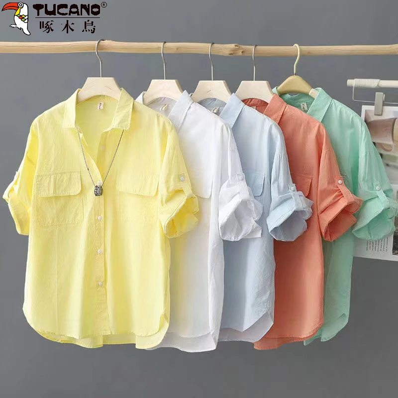 啄木鸟纯棉短袖衬衫上衣2024新款夏季纯色大码百搭中年减龄女上衣
