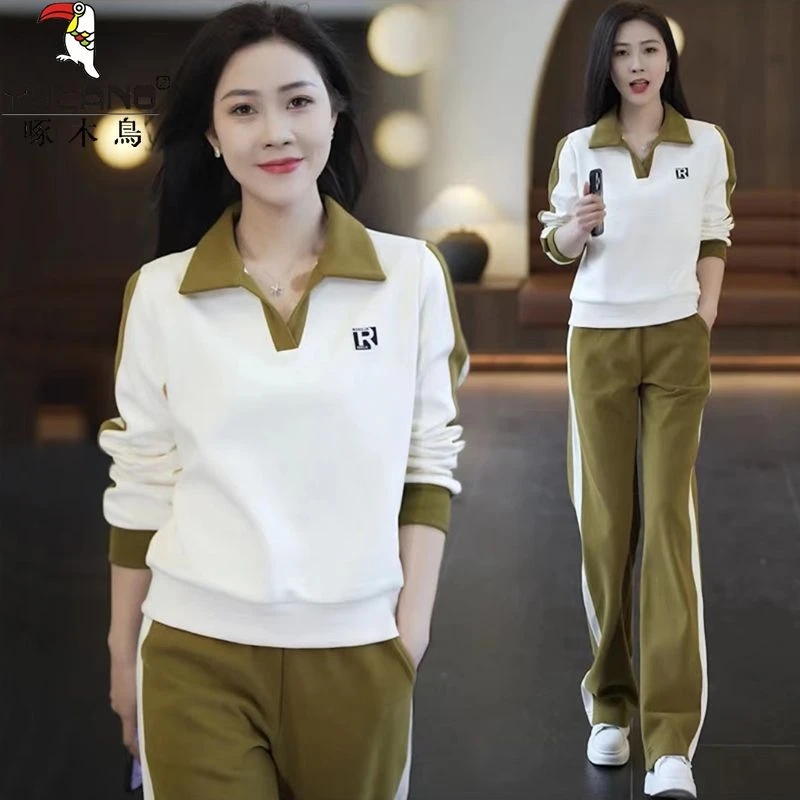 啄木鸟纯棉高档长袖运动套装女减龄气质休闲宽松时尚秋冬装一整套