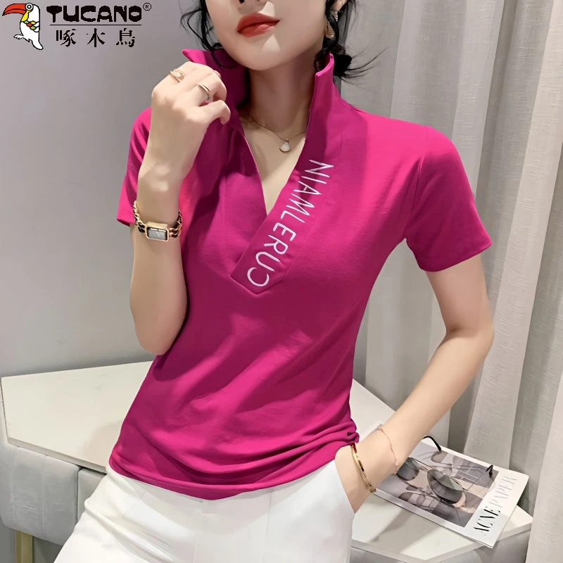 啄木鸟时尚POLO衫短袖女2024新款欧货V领T恤女夏修身百搭体恤上衣
