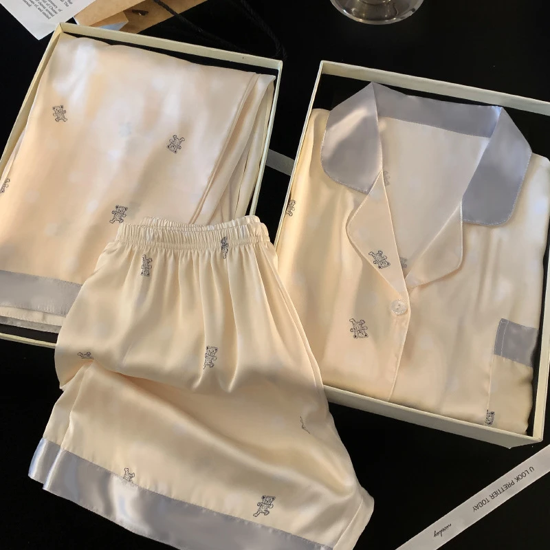 睡衣开衫休闲三件套女士居家睡衣春夏季新款冰丝短袖小熊印花舒适