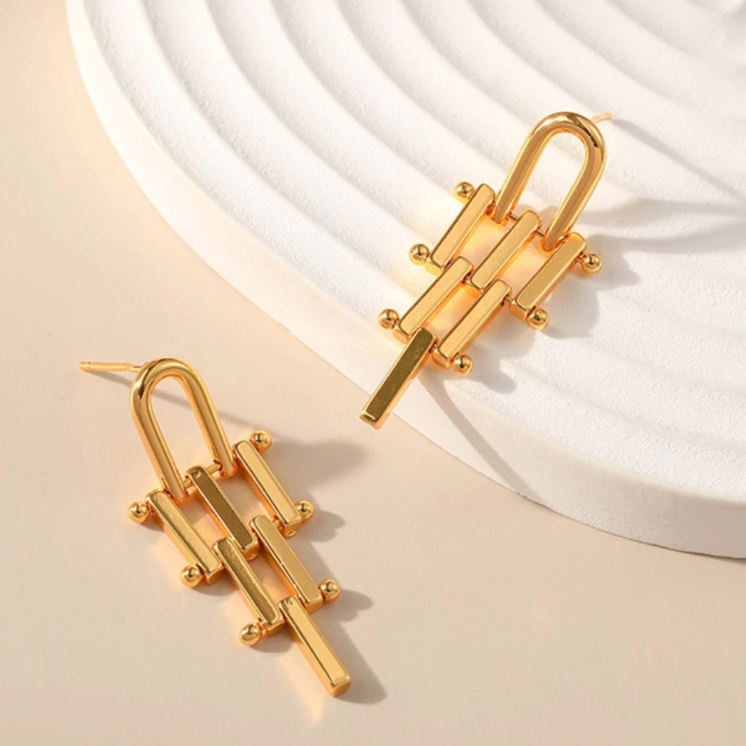 铜合金耳饰 复古欧美简约个性梯形栅格耳环