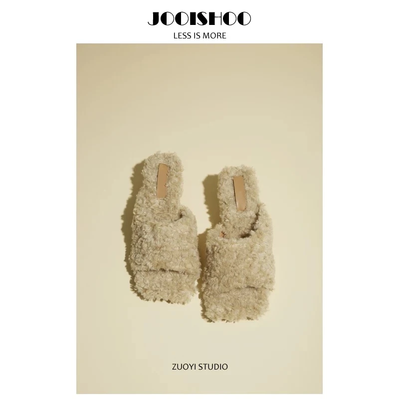 周淼专属毛毛高跟拖鞋2025秋新款外穿拖鞋羊羔毛温柔小跟拖鞋4cm