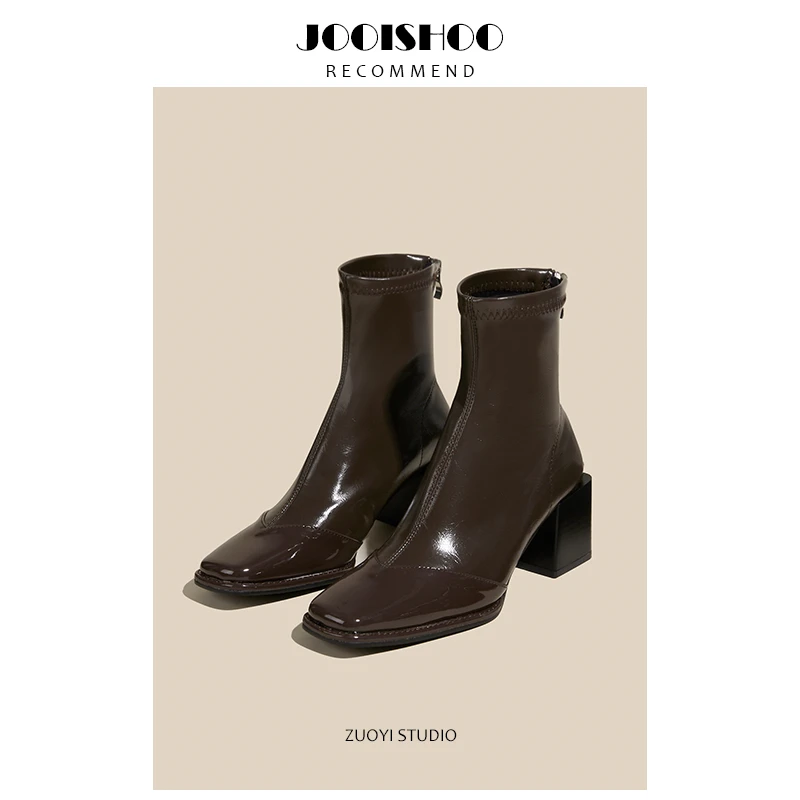 JOOISHOO方头小短靴女2023年新款切尔西粗跟百搭时髦弹力瘦瘦靴