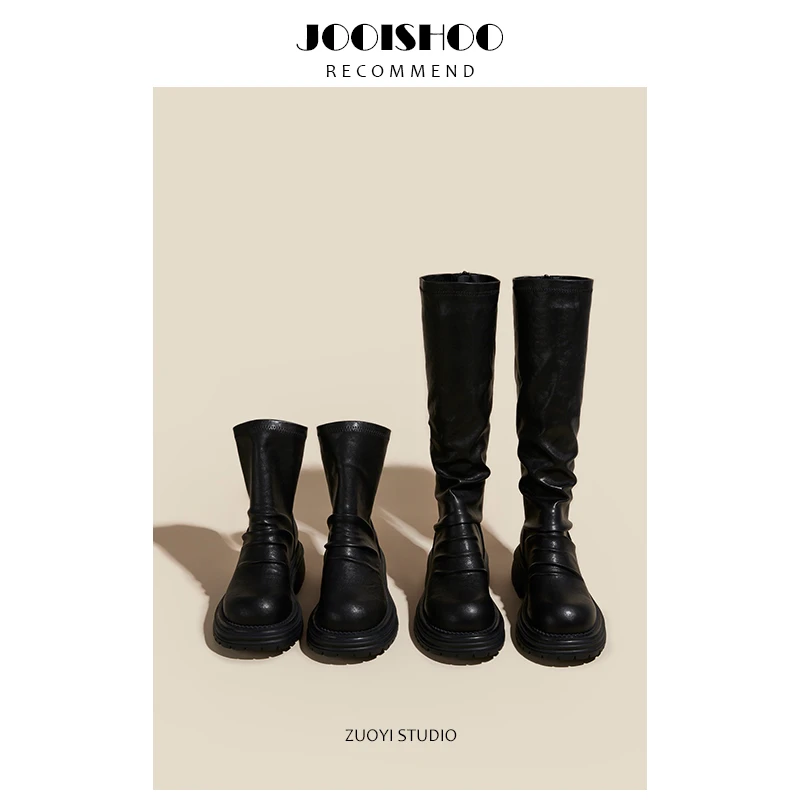JOOISHOO马丁靴英伦褶皱粗跟机车短靴女堆堆靴2024秋冬新款长靴