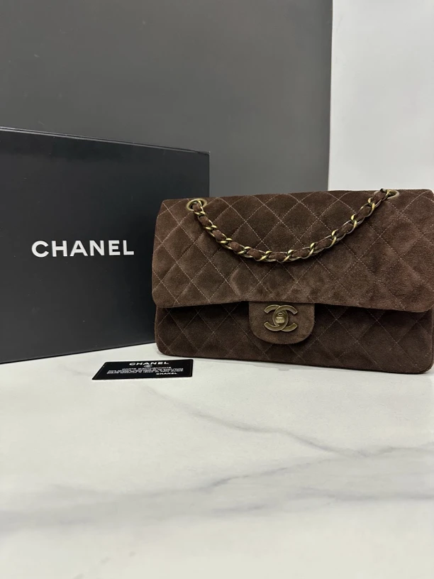 95新 Chanel/香奈儿 棕色麂皮cf链条包5开卡25cm/JJ4082318