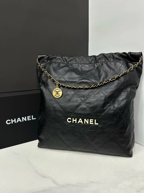 95新 Chanel/香奈儿 黑金白字22bag大号芯片38cm/JJ04112312