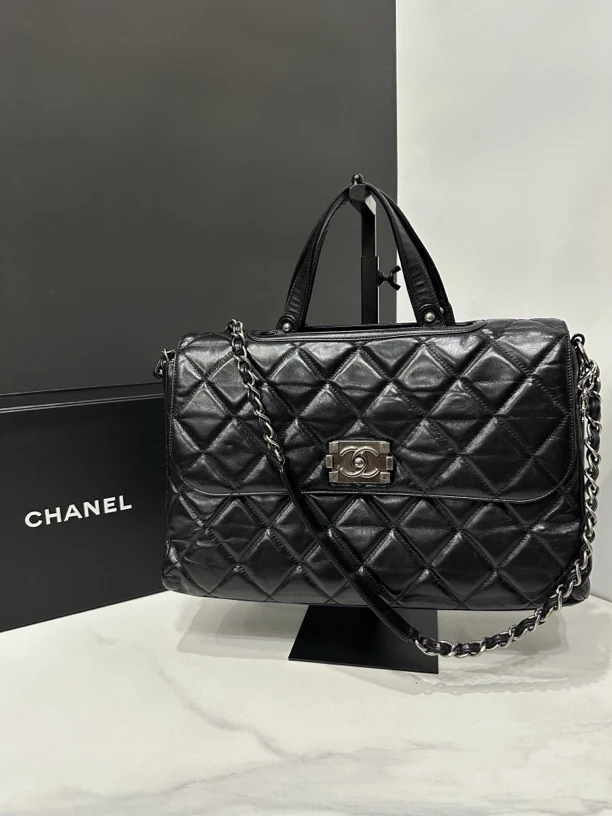 95新 Chanel/香奈儿 黑银leboy扣托特包15开35cm/HK41360810