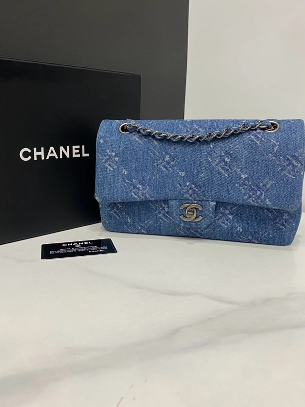 95新 Chanel/香奈儿 牛仔Cf链条包/28开卡25cm/0784100106