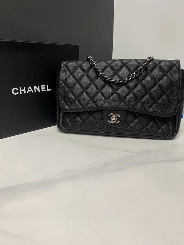 95新 Chanel/香奈儿 黑银鱼子酱Cf链条包/18开28cm/HK41600926
