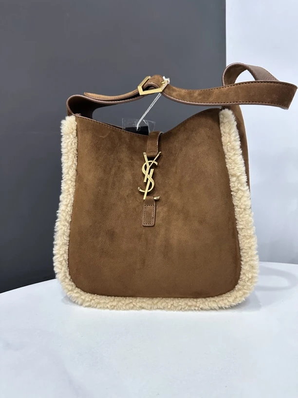 99新 YSL/圣罗兰 棕色麂皮羊羔毛hobo包22cm/JJ04090505