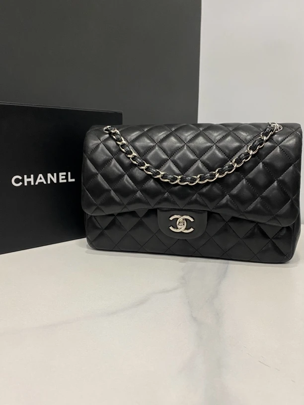95新 Chanel/香奈儿 黑银羊Jumbo包/15开30Cm/JJ4022003