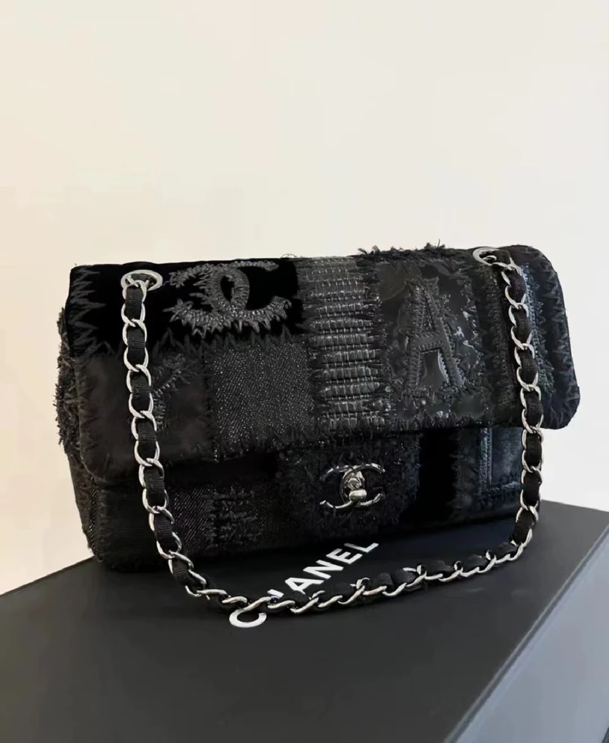 95新 Chanel/香奈儿 黑银百家布cf/25cm/DJ ZK