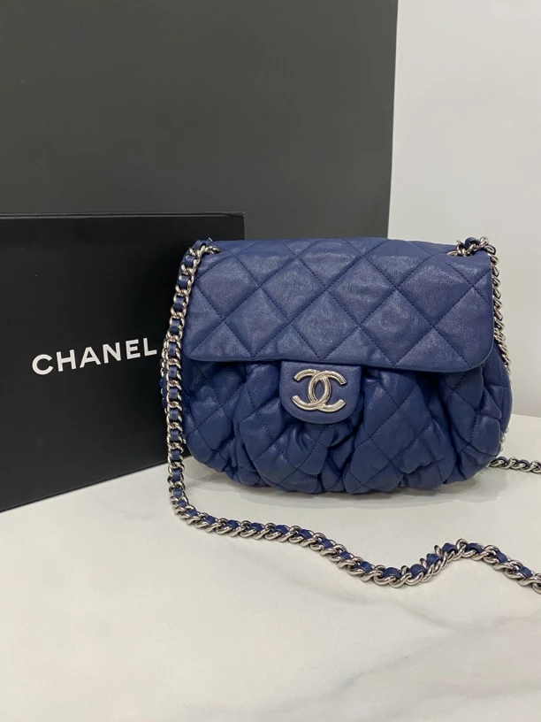 95新 Chanel/香奈儿 蓝色滚边南瓜包18开25cm/JJ4082003