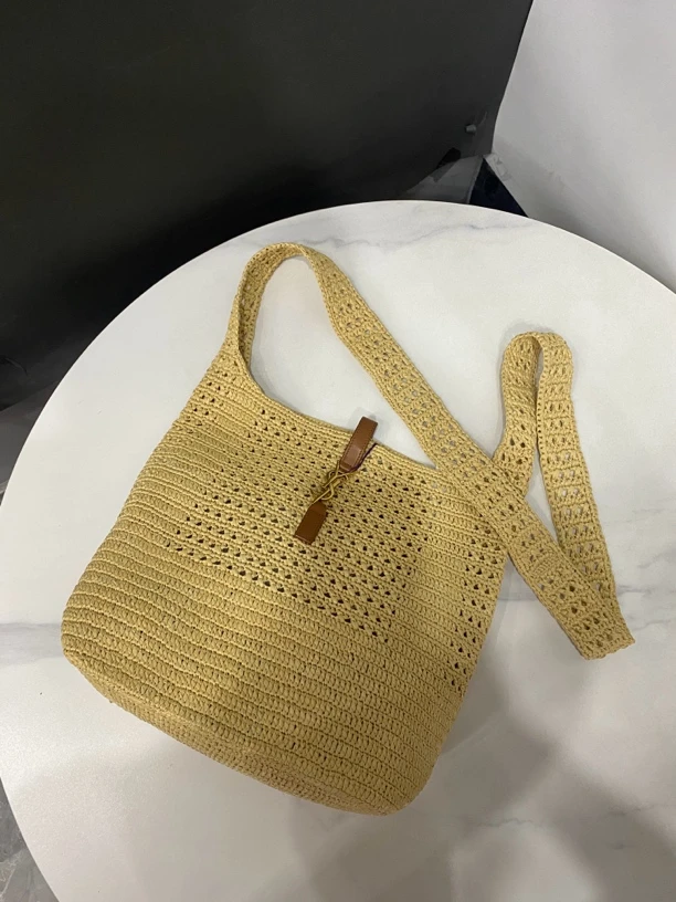 95新 YSL/圣罗兰 拉菲草编织Hobo包/27cm/75513472