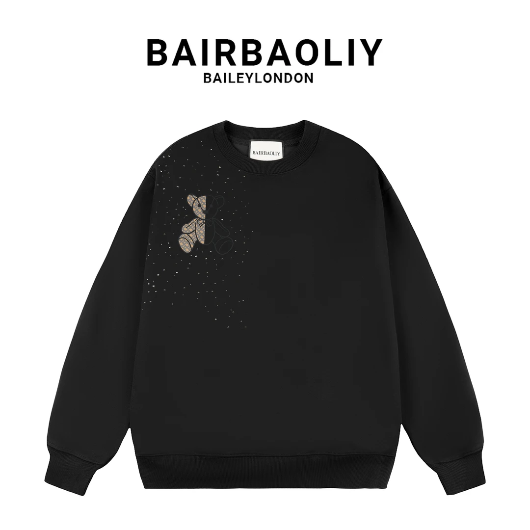 BAIRBAOLIY小熊联名款卫衣秋冬时尚套头烫钻圆领长袖上衣男装潮牌