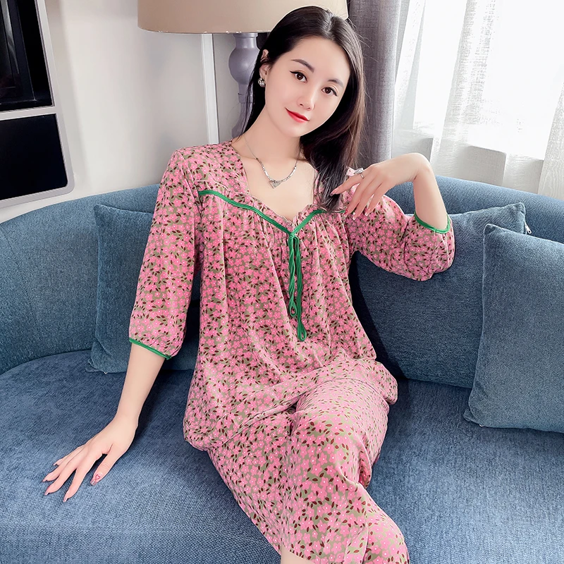 洋气睡衣女套装宽松时尚家居服睡衣显瘦居家睡衣七分袖睡衣套装